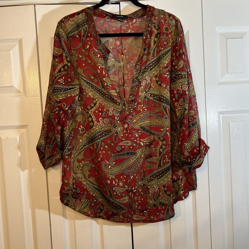 Kaktus Women's Size L Beaded  V-Neck Hook Close Semi-Sheer Top EUC‎